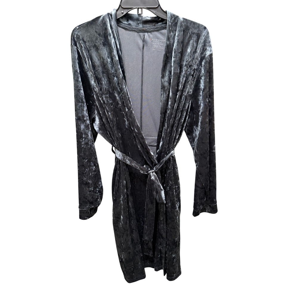 Catherines Robe Women 1X Gray Crushed Velvet Sleepwear Tie Waist Pockets Soft 18